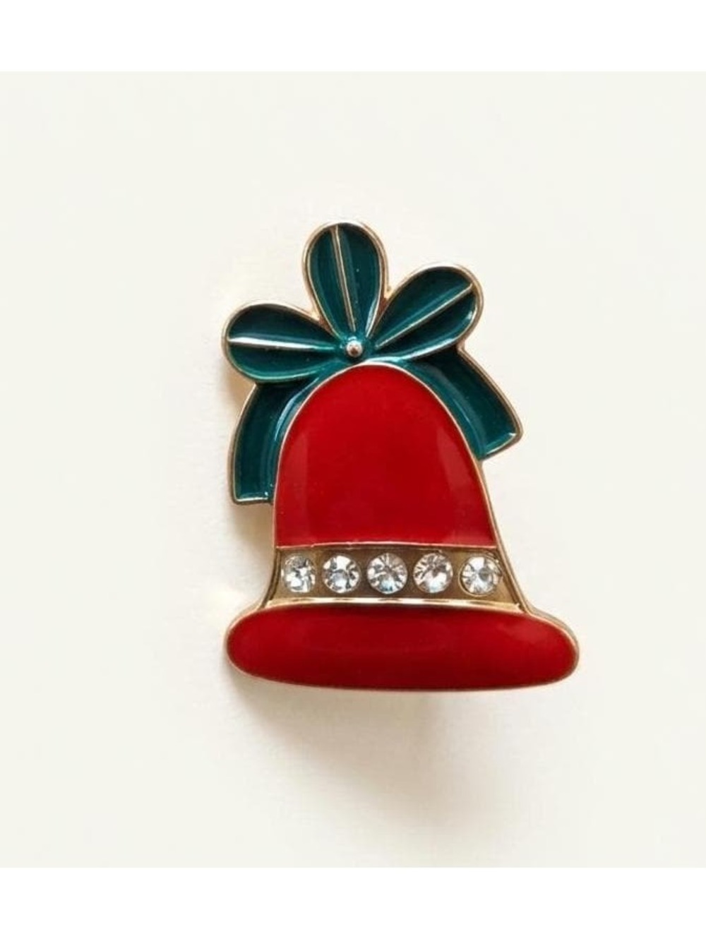 Vintage Red Christmas Bell Brooch Enamel Holiday Pin Rhinestone Bow